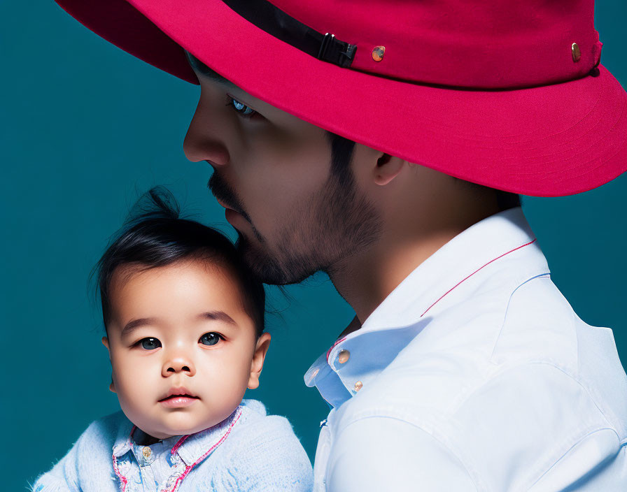 Man in red hat gazes, toddler in blue outfit looks at camera