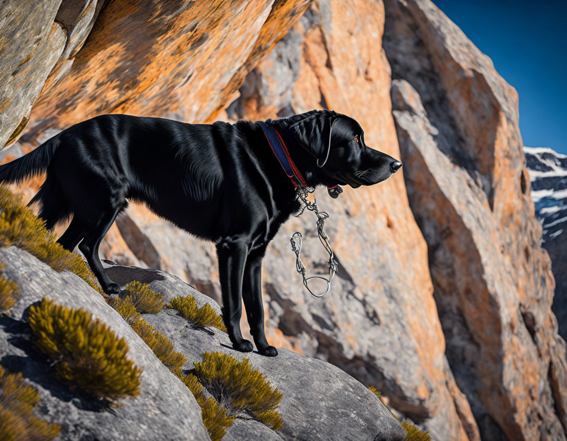 Black Dog with Red Collar on Rocky Terrain with Mountain View