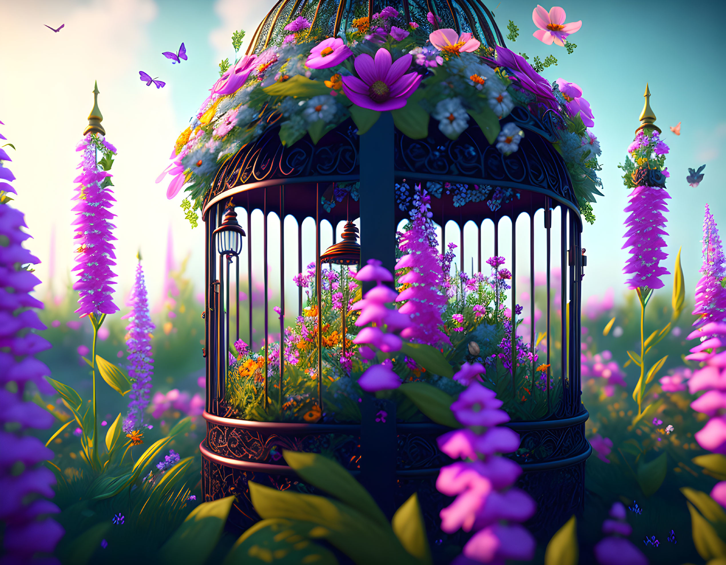 Ornate birdcage with purple flowers under dreamy sky