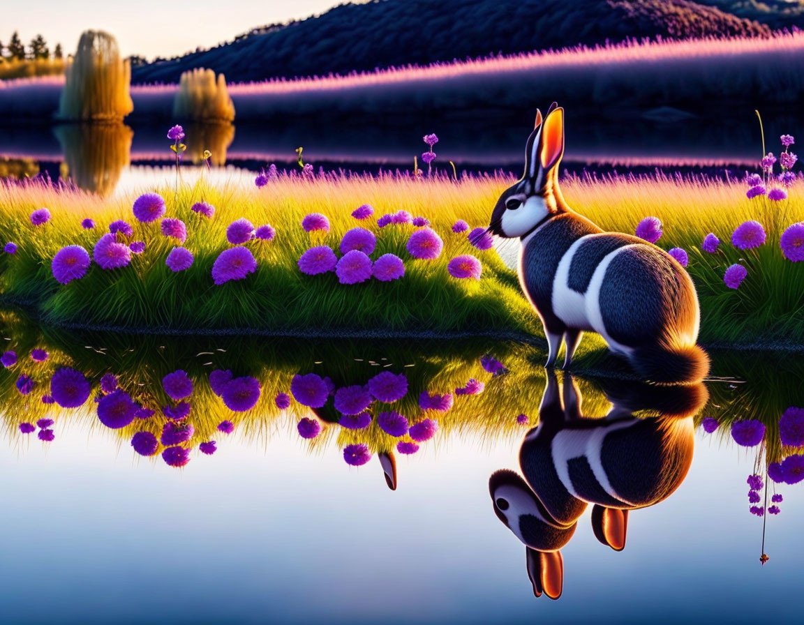 Rabbit with striking patterns by lake at twilight with purple flowers