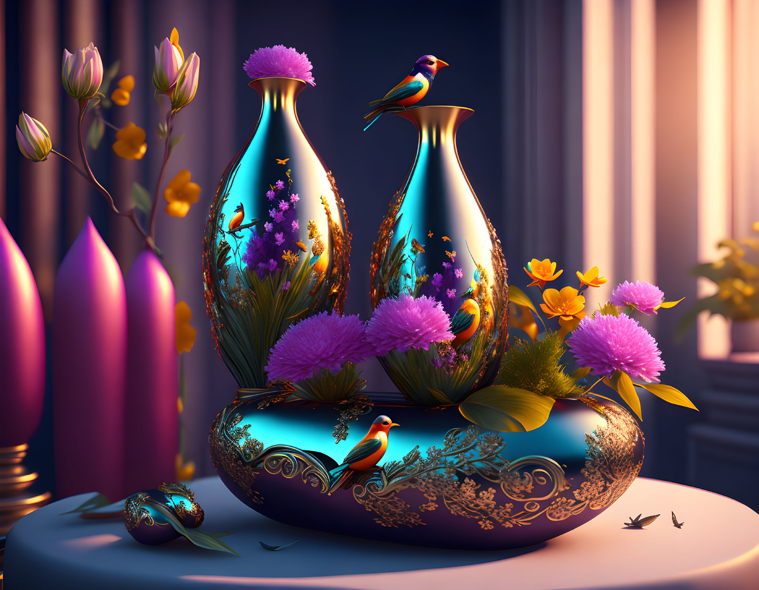 Colorful digital artwork: ornate vases, blooming flowers, birds, purple curtains