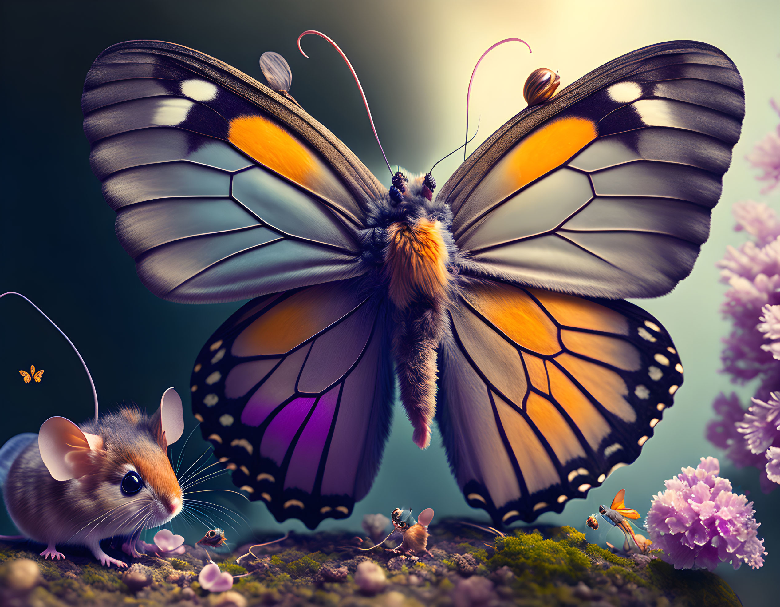 Oversized butterfly, tiny mouse, ant, and pink flowers in whimsical scene