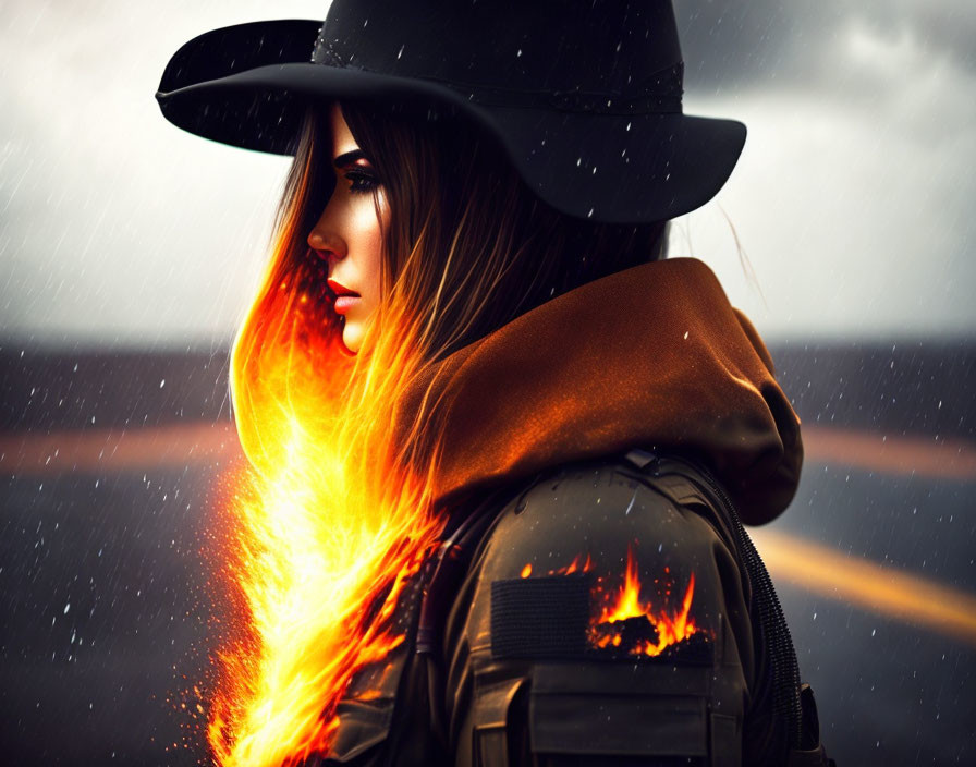 Woman in fiery hat against rainy backdrop exudes mysterious aura