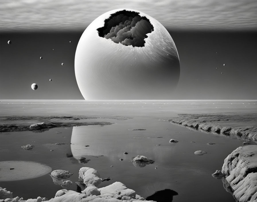 Surreal landscape with large cratered sphere above reflective water