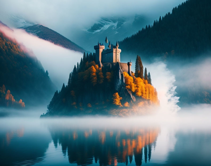 Castle on forested island with misty lake & mountains