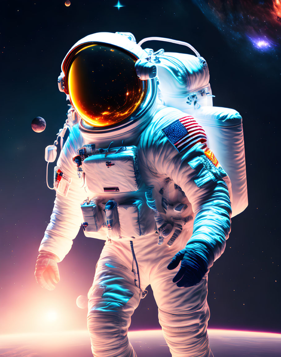 Astronaut in white space suit floating in space