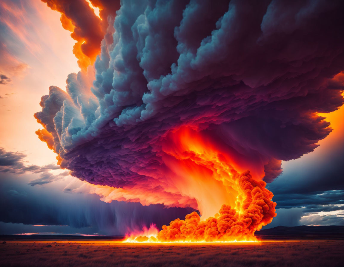 Dramatic cumulonimbus cloud illuminated by fiery orange light