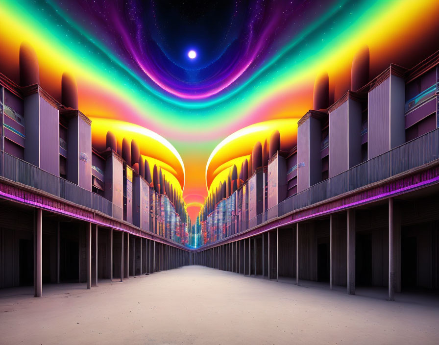 Symmetrical arches under colorful, starry sky in digital art