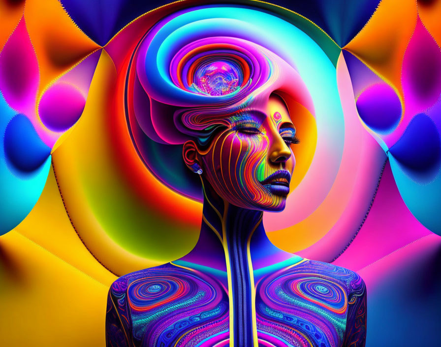 Colorful digital artwork of woman with psychedelic patterns and abstract swirls.