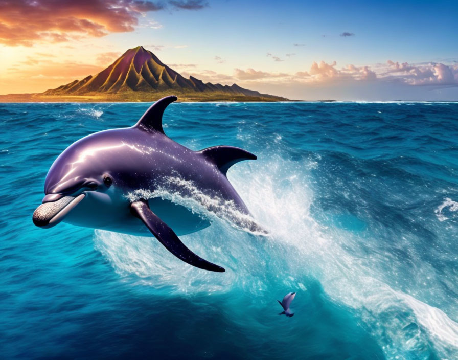 Vibrant digital illustration: Joyful dolphin leaping over blue ocean