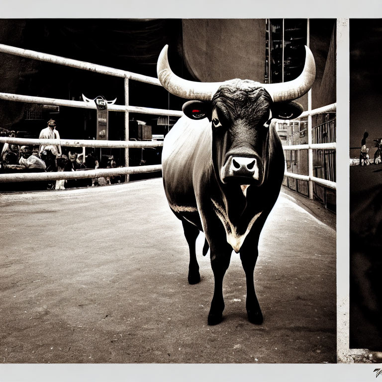 Bullring scene with bull, spectators, and matador