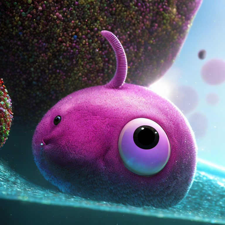 Purple one-eyed creature swimming underwater with colorful bubbles