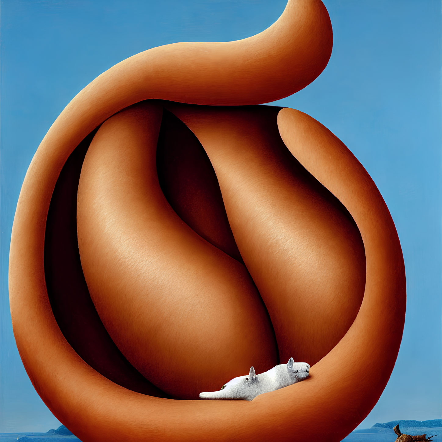 Surrealist landscape with twisted orange shape and small figures