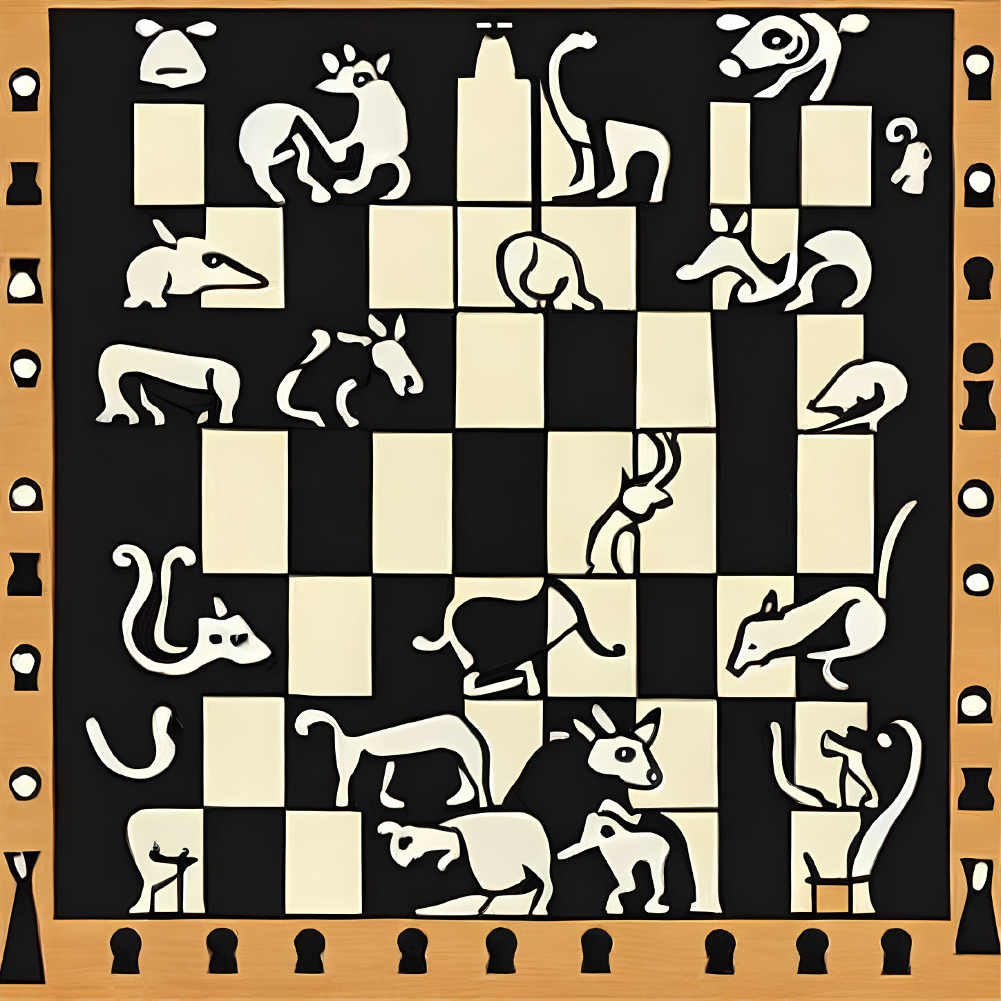 Animal-shaped chess pieces on stylized board with missing pieces, wood-patterned background