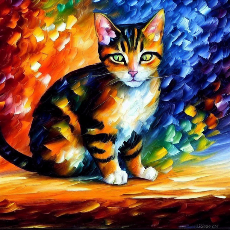 Vibrant painting of a colorful cat in bold brush strokes