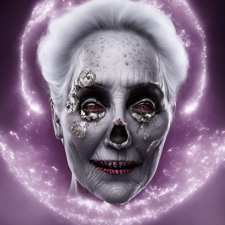 Elderly Woman with Silver and Black Eye Makeup and Jewels on Face in Purple Cosmic Setting