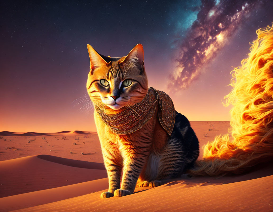 Orange Tabby Cat in Desert with Mystical Cloak Under Starry Sky