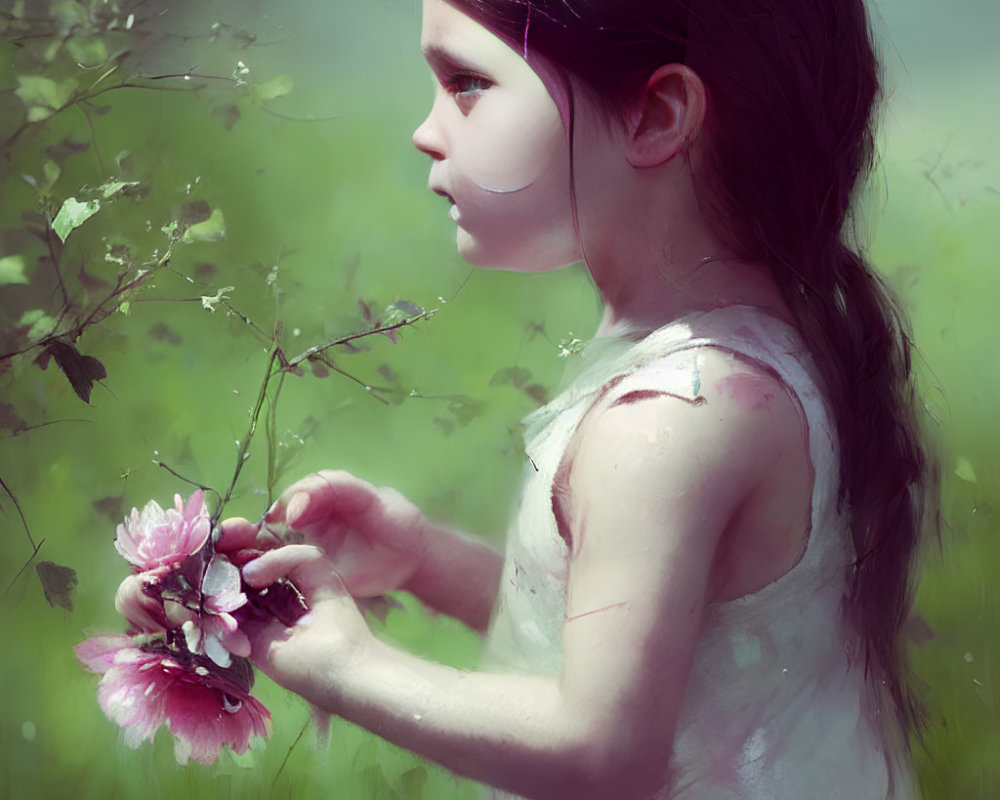 Young girl with long hair holding branch with pink flowers in dreamy green backdrop