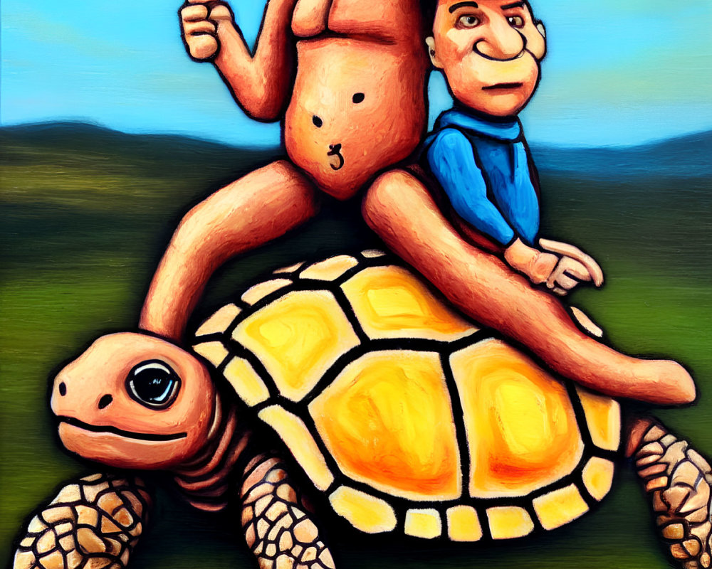 Man and bear riding turtle with ice cream under blue sky