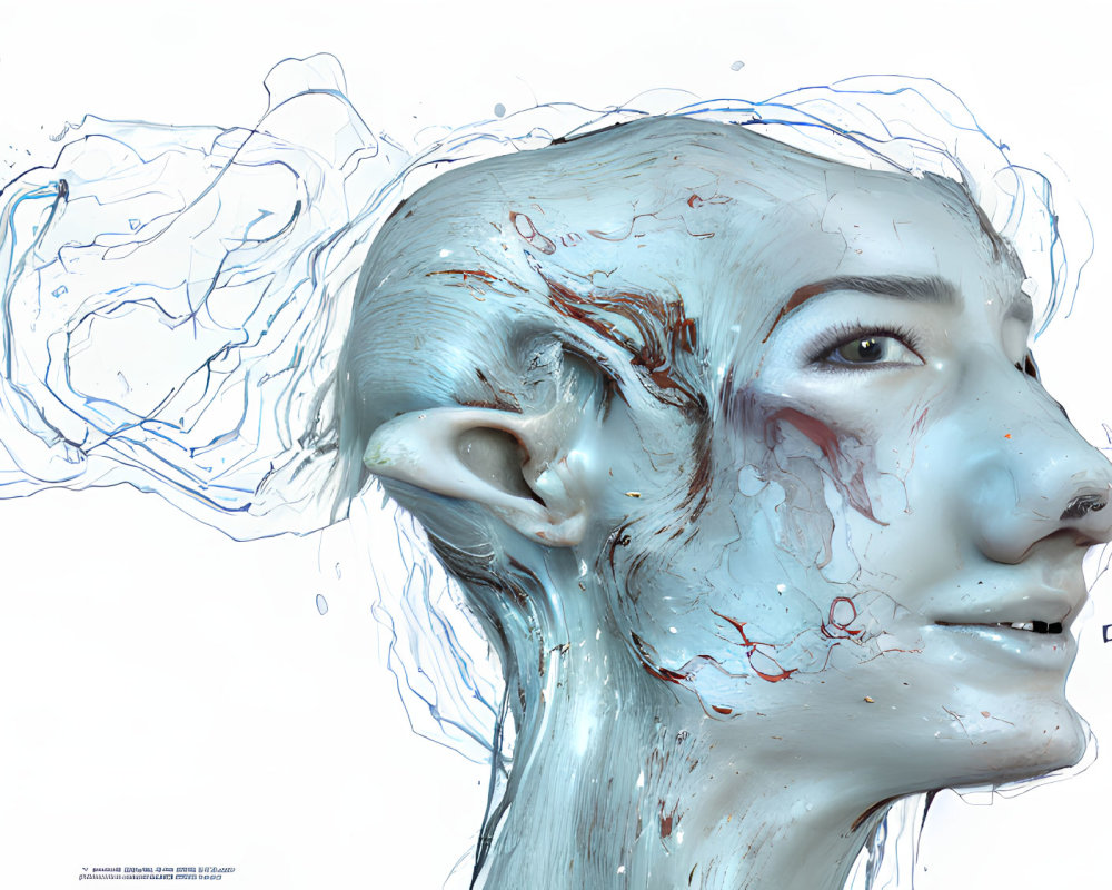 Translucent Skin 3D Face with Swirling Blue Liquid