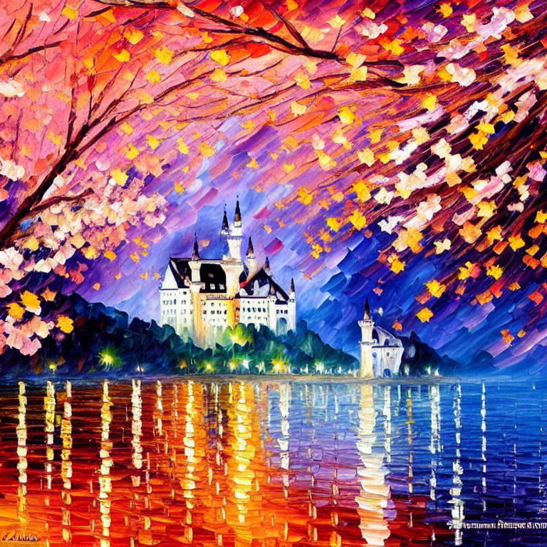 Twilight castle painting with lake reflections and autumn leaves