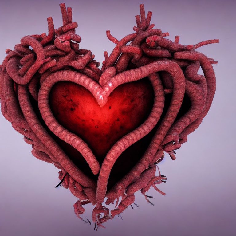 3D conceptual image: Heart-shaped blood vessels with red glow