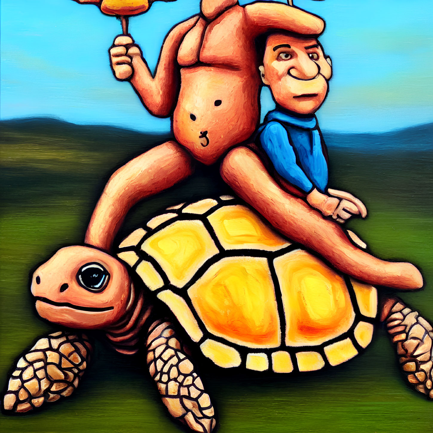 Man and bear riding turtle with ice cream under blue sky