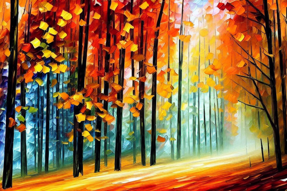 Impressionistic autumn forest painting with vivid colors