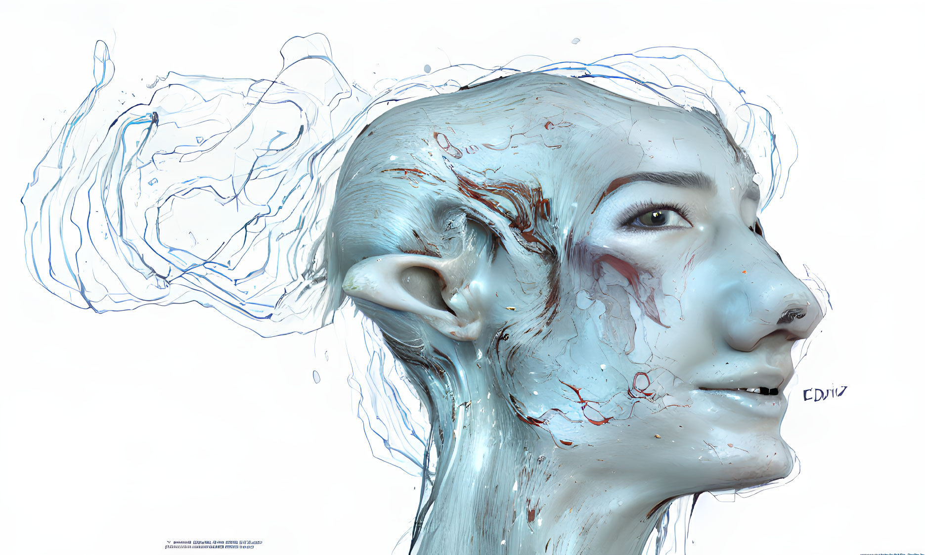 Translucent Skin 3D Face with Swirling Blue Liquid