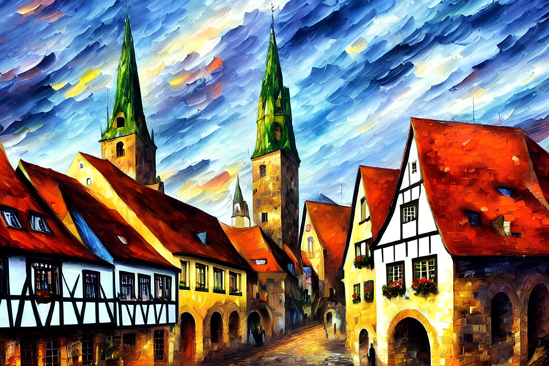 Colorful European Medieval Townscape with Church Spires & Cloudy Sky