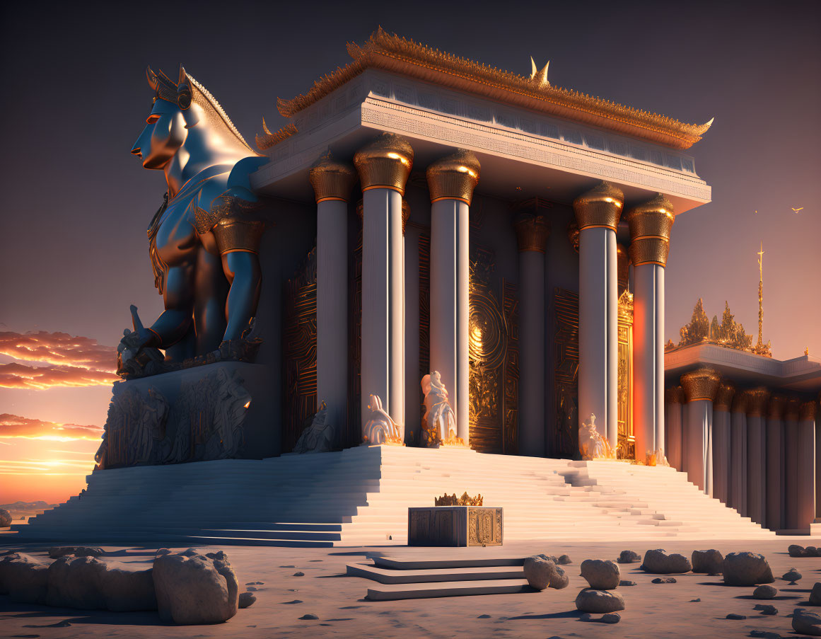 Majestic temple with Corinthian columns and sphinx statue at sunset