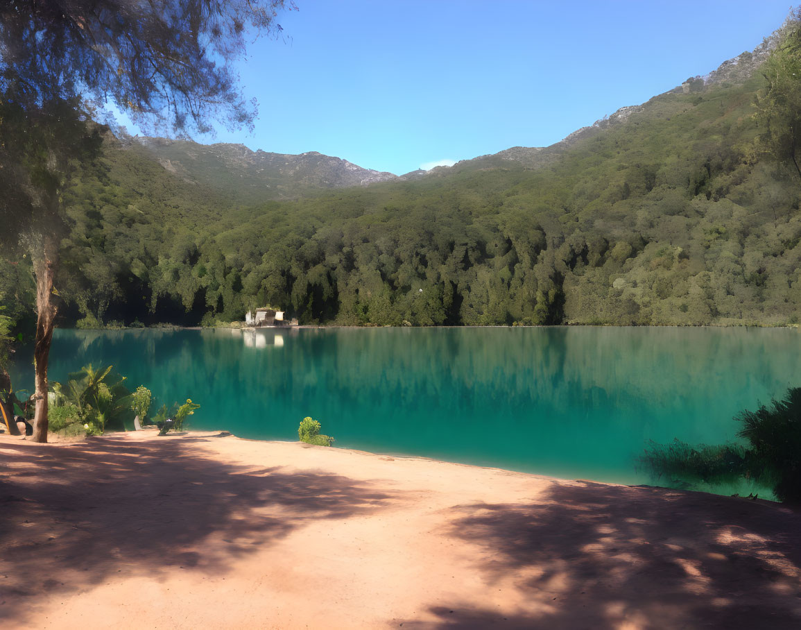 Tranquil turquoise lake with greenery and mountains under clear sky
