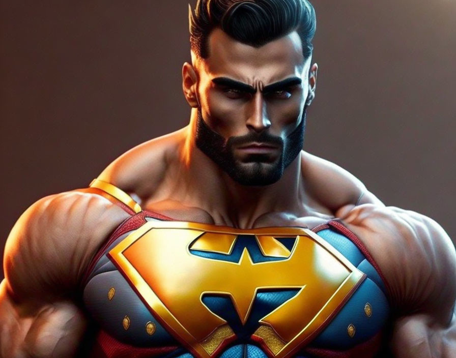 Muscular superhero with 'S' emblem, strong jawline, dark hair.