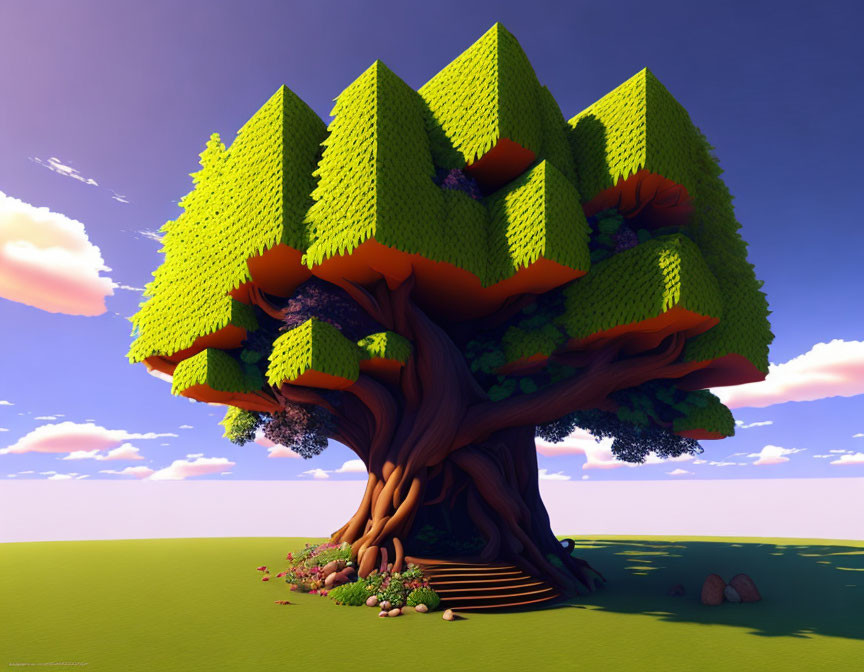 Vibrant, stylized tree with blocky foliage on grassy plain