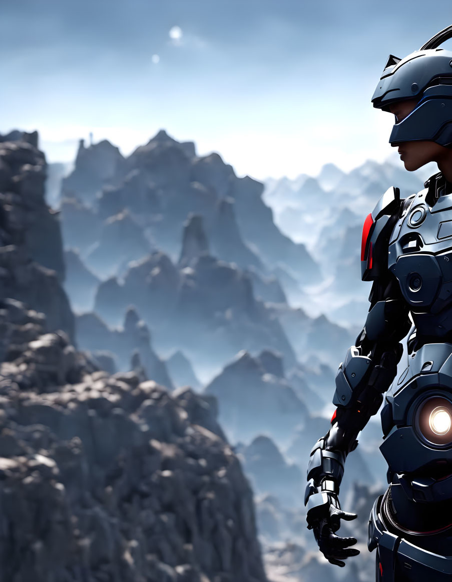 Futuristic armored robot in mountain landscape under bright sky