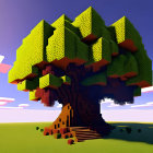 Vibrant, stylized tree with blocky foliage on grassy plain