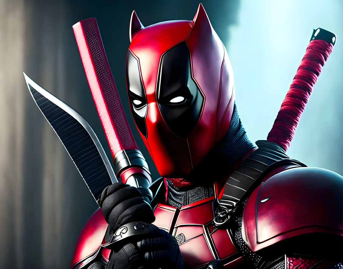 Person in Red and Black Deadpool Costume with Katanas in Moody Pose