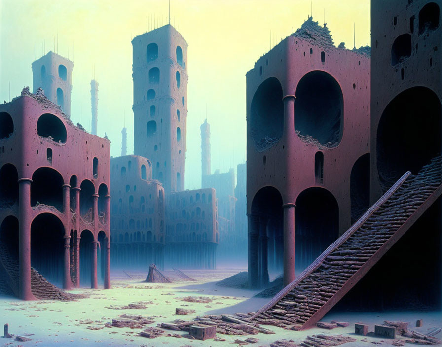 Dilapidated futuristic cityscape in desert setting