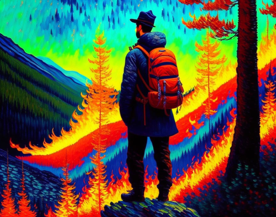 Hiker in Hat Observing Colorful Forest Scene