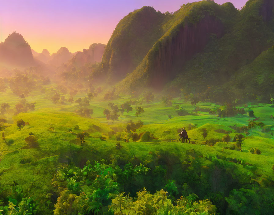 Serene sunrise landscape with green hills, horseback rider, forests, and misty mountains