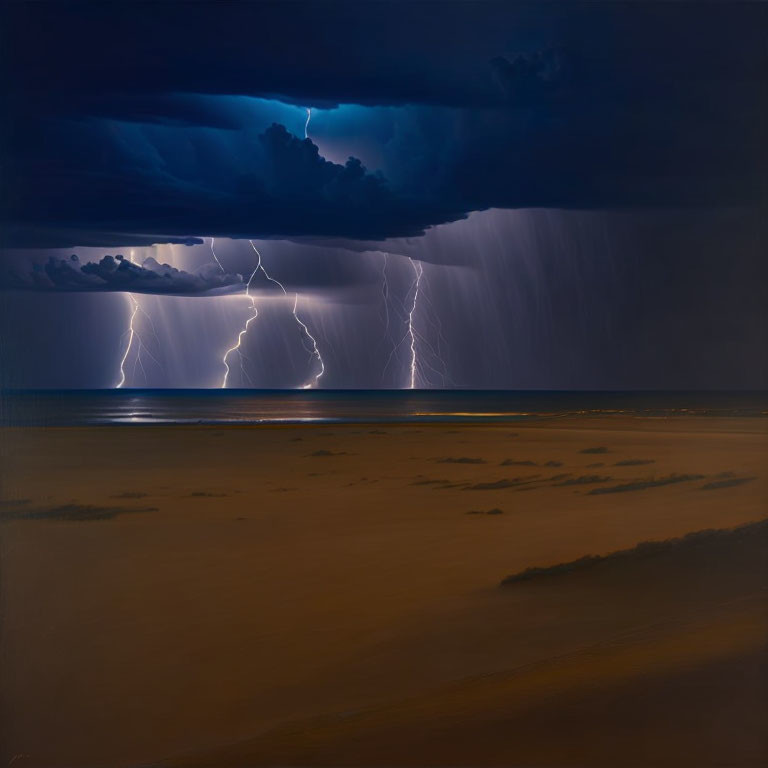 Dramatic ocean thunderstorm with lightning bolts at night