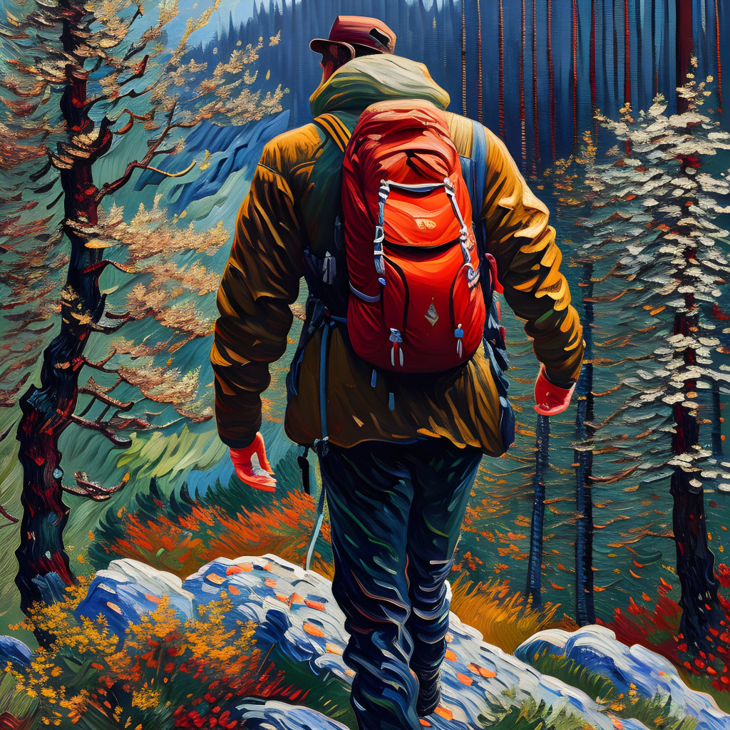 Person with hat and orange backpack hiking in vibrant forest with stylized trees and mountains