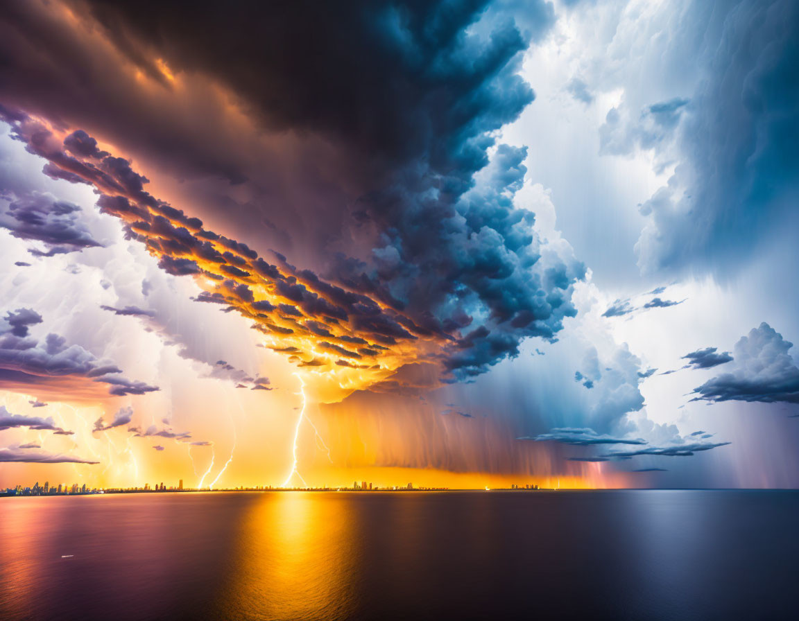 Thunderstorm with lightning strikes over water and city skyline amid dark and sunlit clouds