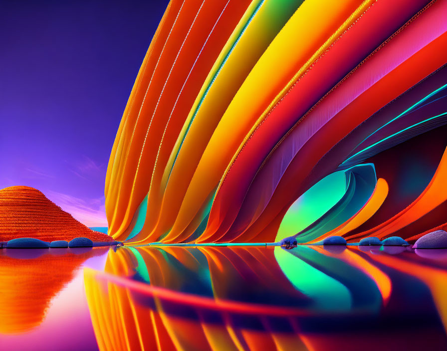 Multicolored abstract shapes reflecting on water surface in vibrant digital art