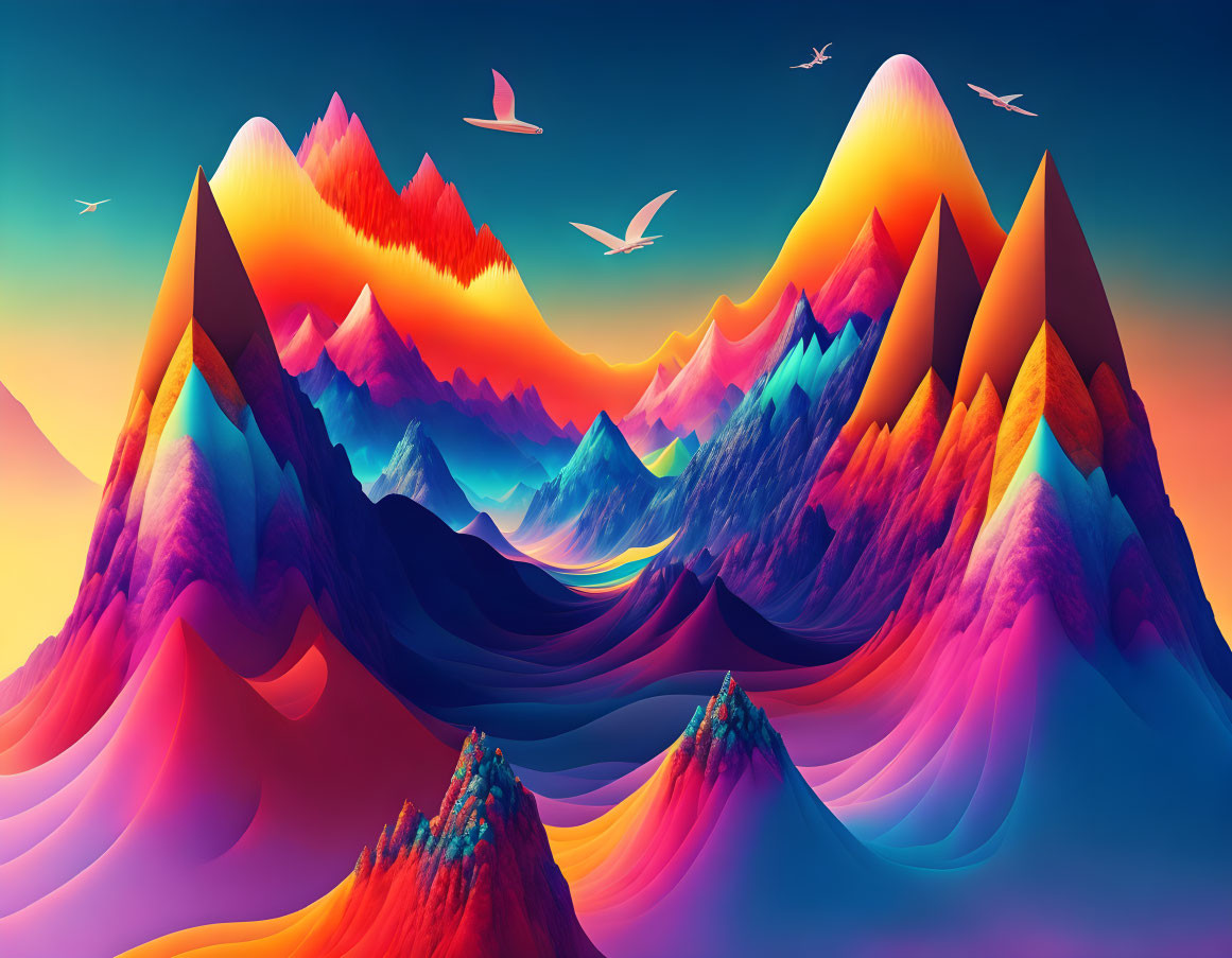 Colorful Layered Mountains and Birds in Surreal Landscape