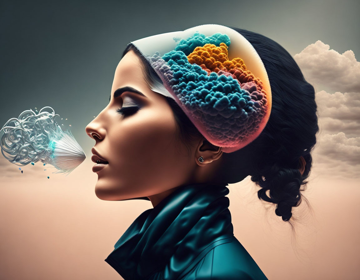 Surreal illustration of woman's brain as colorful coral with clouds and mist swirl