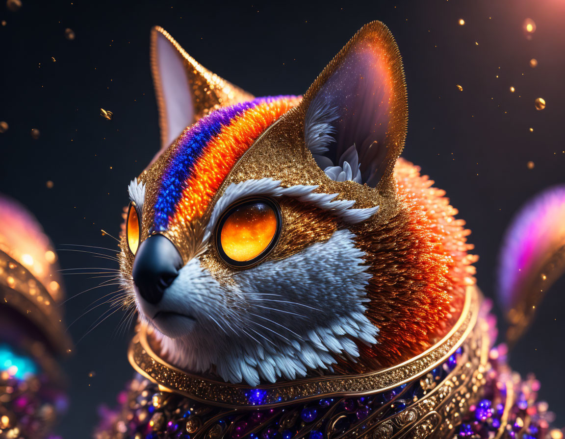 Colorful 3D fox head with glowing eyes on dark background