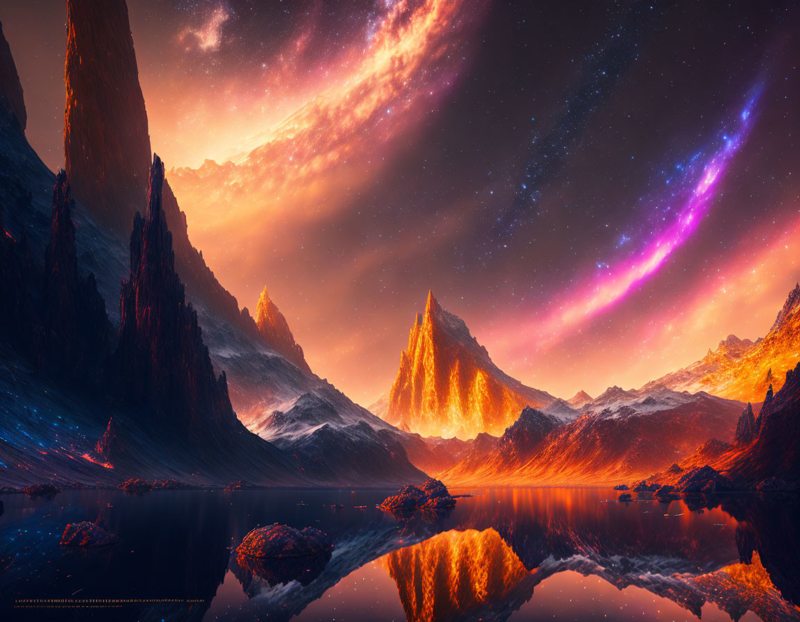 Starry night sky with pink and purple nebulae over mountainous landscape