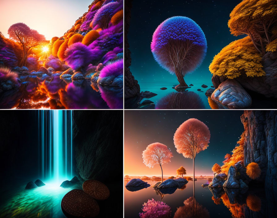 Four Vibrant Fantasy Landscapes with Colorful Trees, Waterfall, and Celestial Backdrops