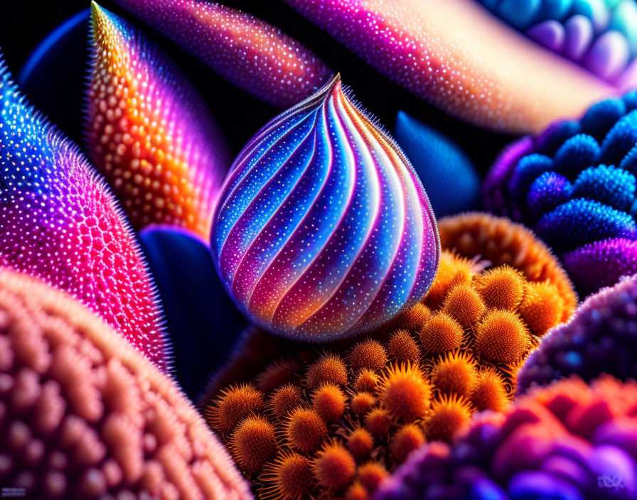 Colorful 3D rendered shapes resembling exotic sea creatures under neon lighting